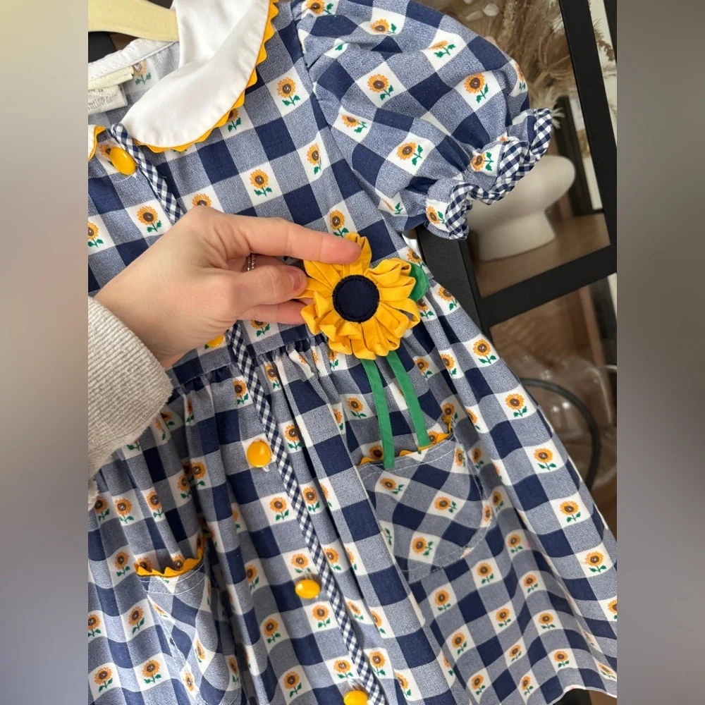 Vintage 90s Sunflowers dress toddler girl gingham applique 3D puff sleeve collar
